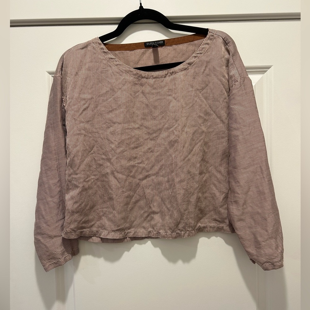 Eileen Fisher Brown & Cream Micro-Stripe Silk Blend Long Sleeve Top |Minimalist